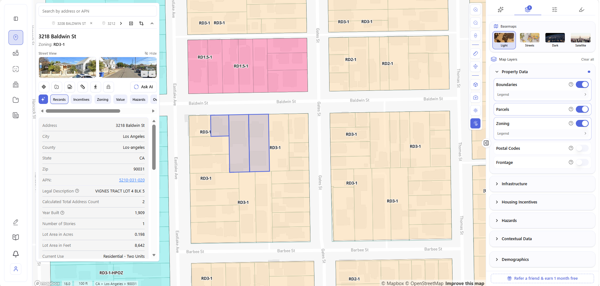 Archiwise map view showing 3208, 3212, and 3218 Baldwin St - all three parcels highlighted in blue on the map, Records tab open showing 3218 Baldwin St details: RD3-1 zoning, Year Built 1909, Lot Area 0.198 acres / 8,642 sq ft, Calculated Total Address Count 2, Current Use Residential Two Units; surrounding parcels showing RD3-1, RD1.5-1, RD2-1 zone labels; Zoning layer active in right panel