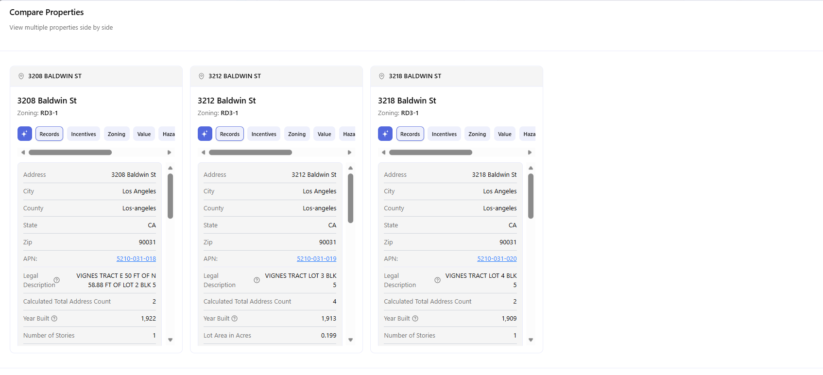 Archiwise Compare Properties view showing 3208, 3212, and 3218 Baldwin St side by side — all three showing Zoning RD3-1, City Los Angeles, County Los-angeles, State CA, Zip 90031, APNs 5210-031-018 / 5210-031-019 / 5210-031-020, Legal Descriptions from VIGNES TRACT, Calculated Total Address Count 2/4/2, Year Built 1922/1913/1909, Lot Area ~0.199 acres each