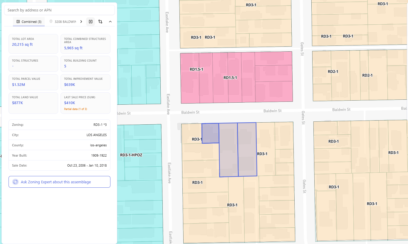 Archiwise Combined (3) panel showing: Total Lot Area 20,215 sq ft, Total Combined Structures Area 5,965 sq ft, Total Building Count 5, Total Parcel Value $1.52M, Total Improvement Value $639K, Total Land Value $877K, Last Sale Price (Sum) $410K with note Partial data 1 of 3, Zoning RD3-1 x3, City Los Angeles, Year Built 1909-1922, Sale Date Oct 23 2006 - Jan 10 2018; Ask Zoning Expert about this assemblage button visible at bottom