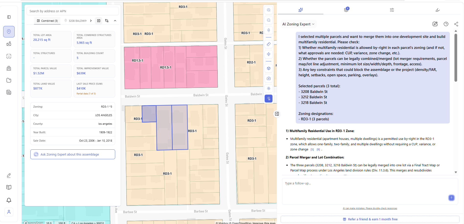 Archiwise AI Zoning Expert panel with all three Baldwin St parcels loaded — automatic assemblage question visible covering multifamily residential use, lot merger requirements, and key development constraints for 3208, 3212, and 3218 Baldwin St; beginning of AI answer visible