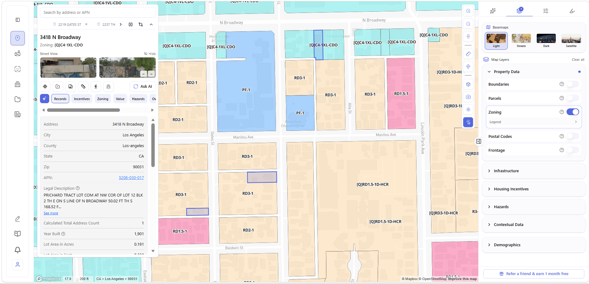 Archiwise map view showing 2219 Gates St and two other parcels selected across different streets — Records tab showing 3418 N Broadway details: zoning [Q]C4-1XL-CDO, Year Built 1901, Lot Area 0.191 acres; map showing multiple zone colors — [Q]C4-1XL-CDO in blue/teal, RD3-1, RD2-1, RD1.5-1, PF-1 all visible across the area; Zoning layer active in right panel