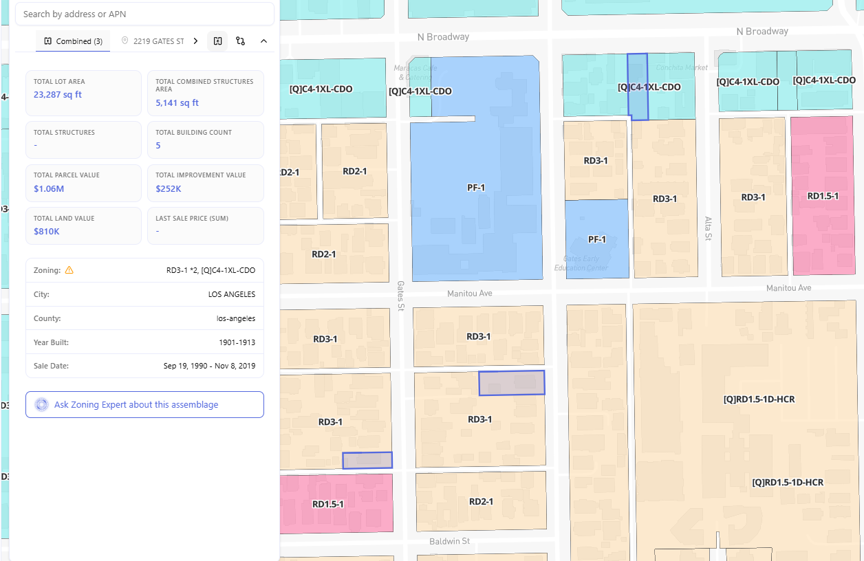 : Archiwise Combined (3) panel open showing Total Lot Area 23,287 sq ft, Total Parcel Value $1.06M, Total Land Value $810K, Zoning RD3-1 x2 [Q]C4-1XL-CDO with warning flag, Year Built 1901-1913, Sale Date Sep 1990 - Nov 2019; Compare properties tooltip visible on grid icon button at top of panel; map showing selected parcels highlighted; Ask Zoning Expert about this assemblage button at bottom