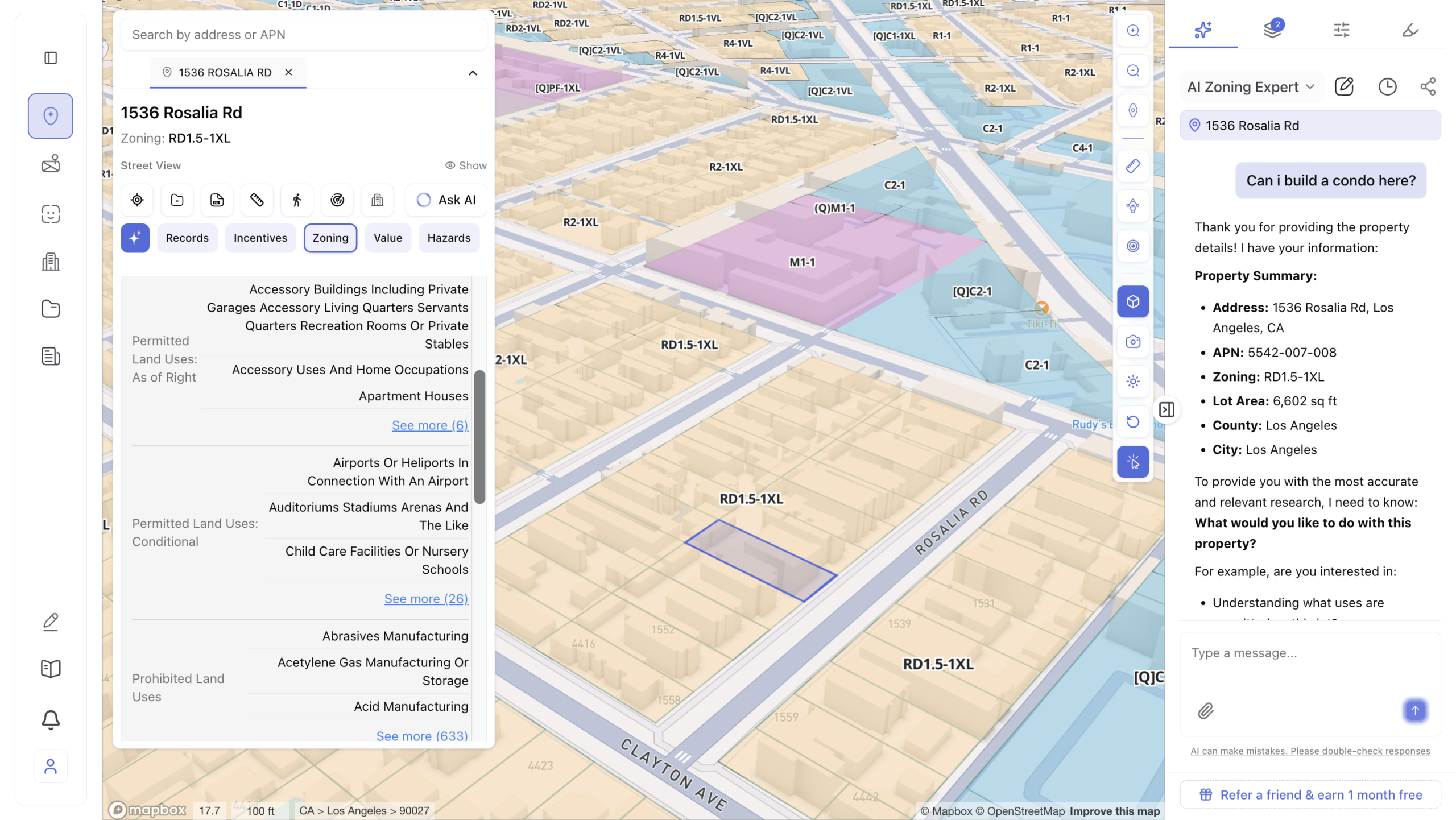 Screenshot of an AI Zoning Expert chat interface for 1536 Rosalia Rd, Los Angeles, zoned RD1.5-1XL, showing a user asking 'Can I build a condo here?' with the AI responding with a property summary including APN 5542-007-008, lot area of 6,602 sq ft, and permitted and conditional land uses, alongside a 3D isometric zoning parcel map view.