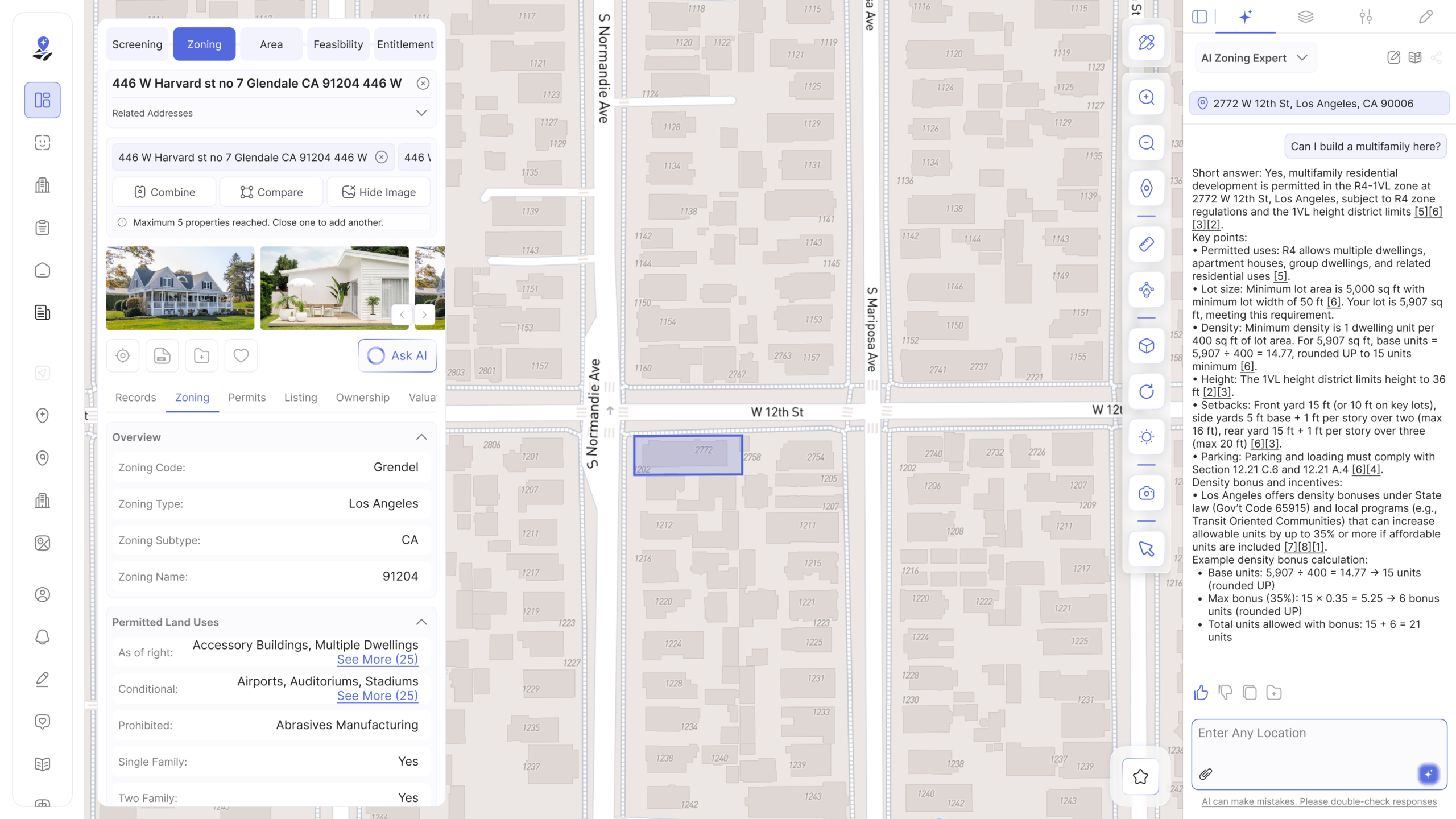 Archiwise interface showing two parcels loaded simultaneously — 446 W Harvard St in Glendale and 2772 W 12th St in Los Angeles — demonstrating cross-city multi-parcel capability. The Zoning tab shows permitted land uses as of right including accessory buildings and multiple dwellings, conditional uses including airports and auditoriums, and prohibited uses including abrasives manufacturing, with single family and two family flags both set to yes. The AI Zoning Expert panel on the right answers the question Can I build a multifamily here for 2772 W 12th St, confirming yes in the R4-1VL zone and providing a density calculation of 5907 square feet divided by 400 equals 15 base units, height limit of 36 feet, setbacks, parking requirements with code section references, and a density bonus calculation of 15 base plus 6 bonus equals 21 total units, with numbered citations throughout.