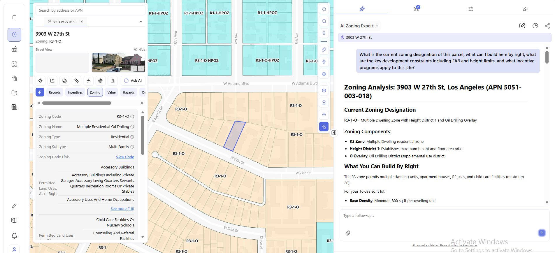 Archiwise zoning tab for 3903 W 27th St Los Angeles showing R3-1-O zoning code, permitted land uses, and AI zoning analysis panel.