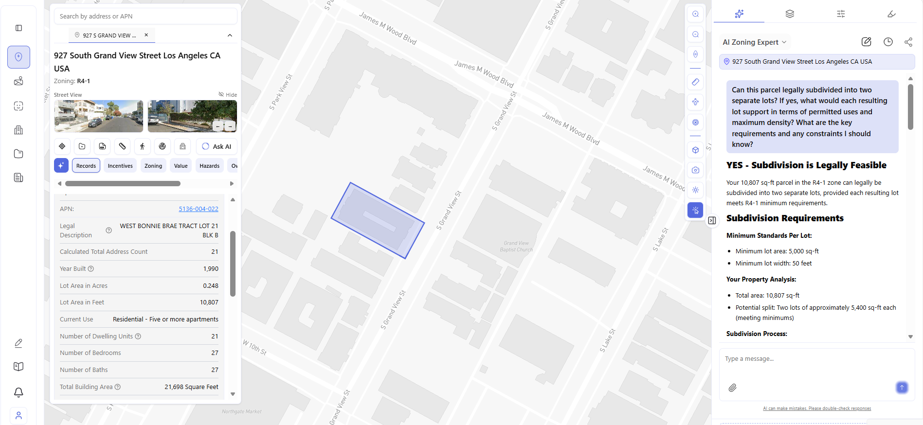 Archiwise AI Zoning Expert confirming land subdivision is legally feasible for a 10,807 sq ft R4-1 parcel in Los Angeles with minimum lot requirements and potential split analysis visible