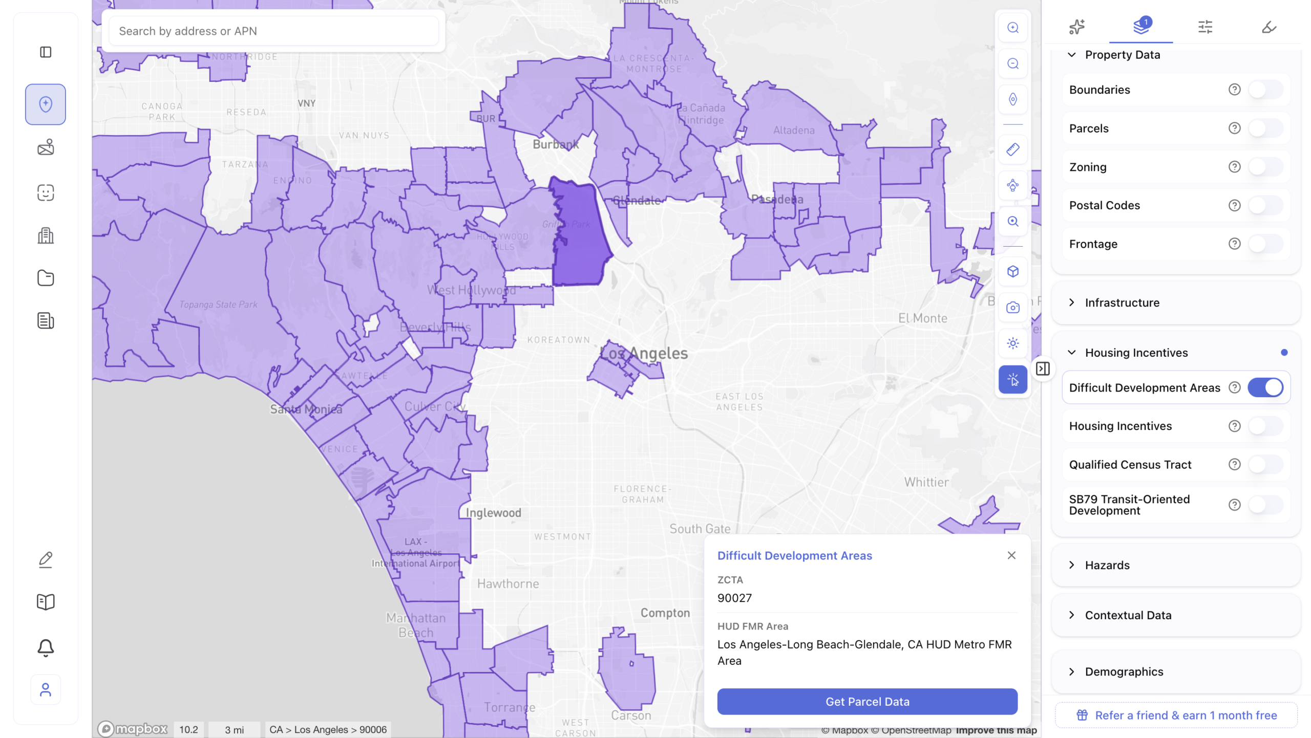 Map of Los Angeles County showing HUD Difficult Development Areas highlighted in purple census tract boundaries, with a popup displaying ZCTA 90027 in the Los Angeles–Long Beach–Glendale HUD Metro FMR Area, and a map layers panel showing the Difficult Development Areas toggle enabled under Housing Incentives.