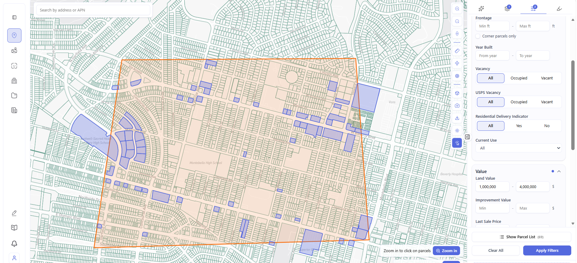 Archiwise site selection showing a custom drawn search area with 69 matching parcels highlighted and land value filters applied