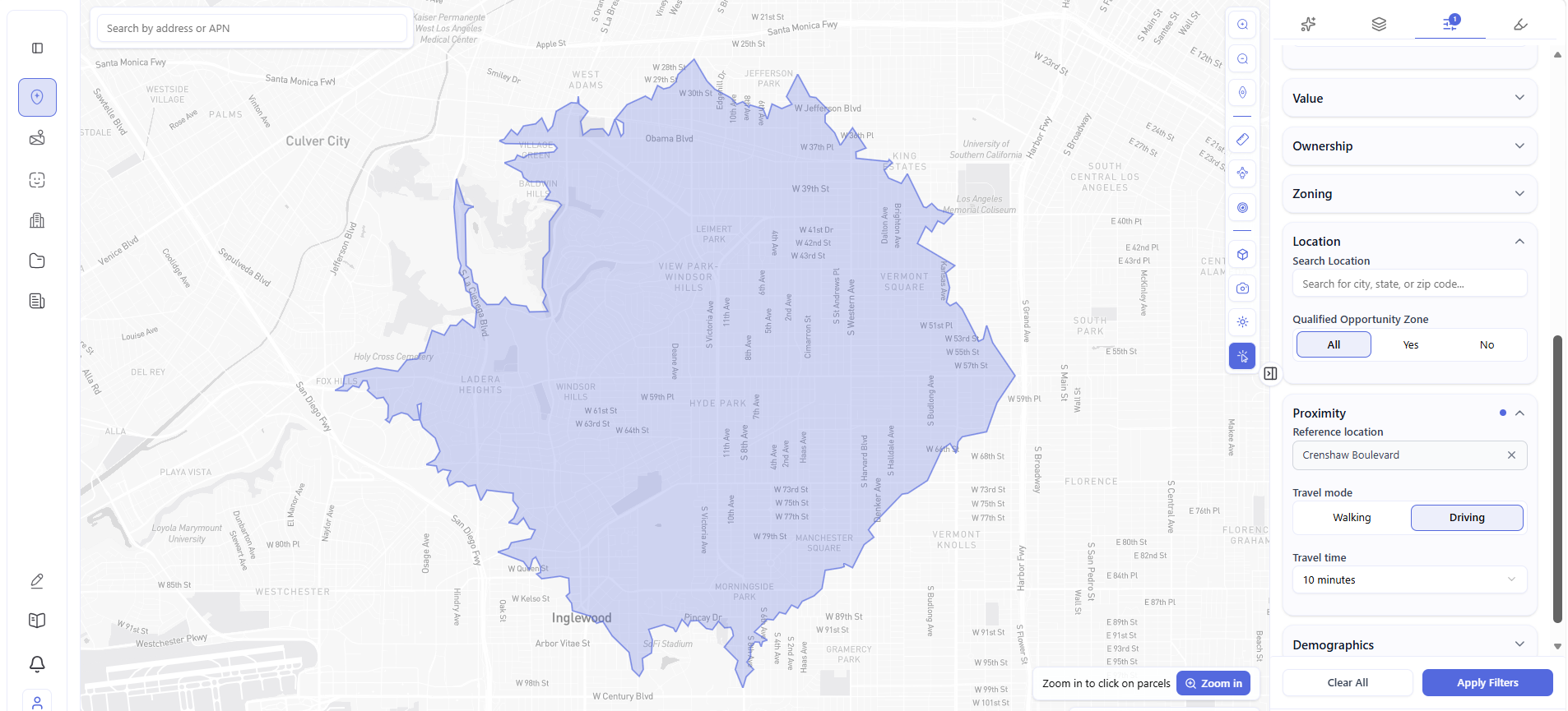 Archiwise isochrone map showing 10-minute driving catchment area from Crenshaw Boulevard in Los Angeles for development site screening