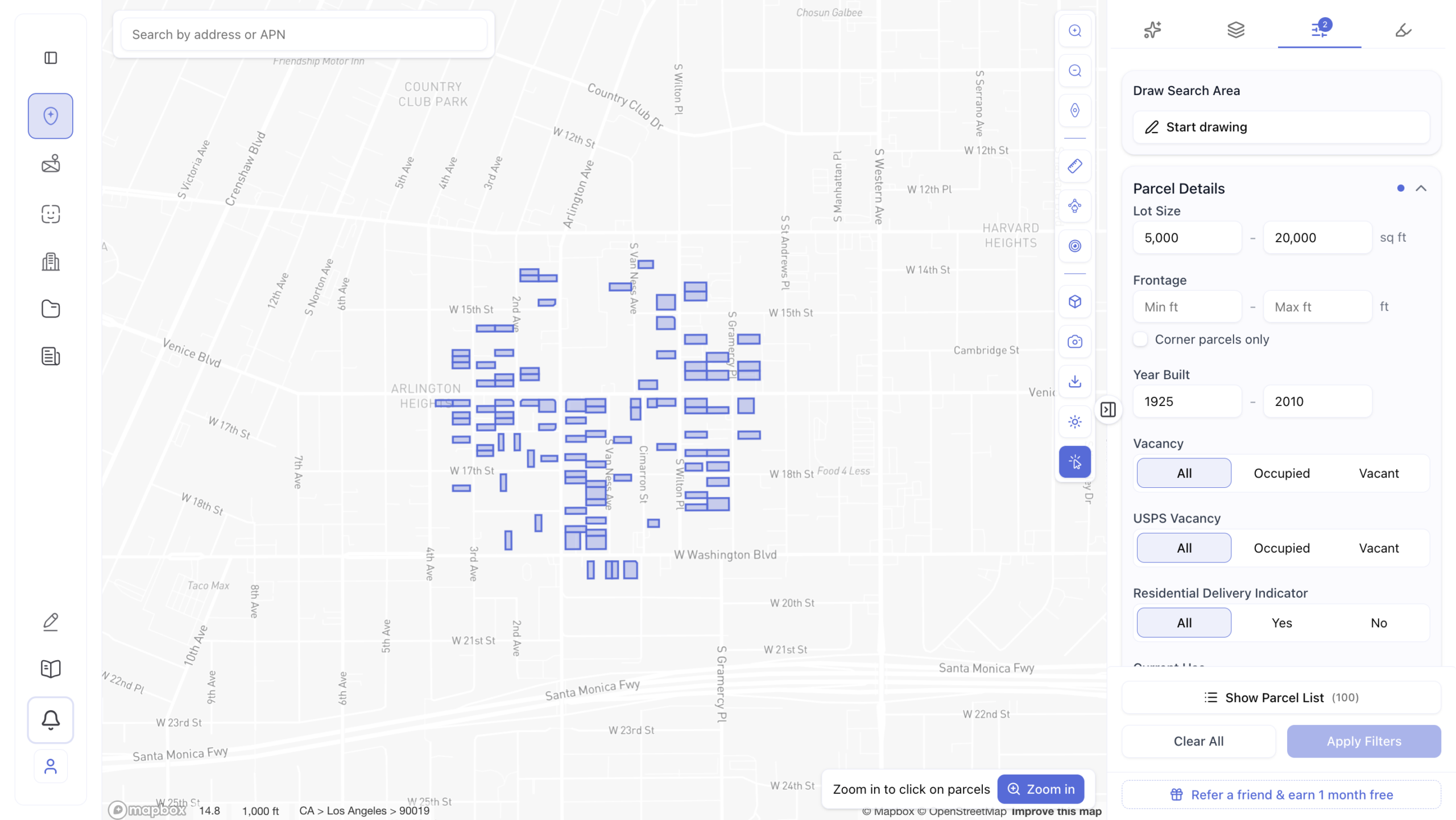 Screenshot of a parcel filter results map for Los Angeles zip code 90019 showing 100 matching parcels highlighted as blue rectangles across Arlington Heights and surrounding neighborhoods, filtered by lot size between 5,000 and 20,000 sq ft and year built between 1925 and 2010, with a Show Parcel List button displaying the 100 results count in the filter panel.