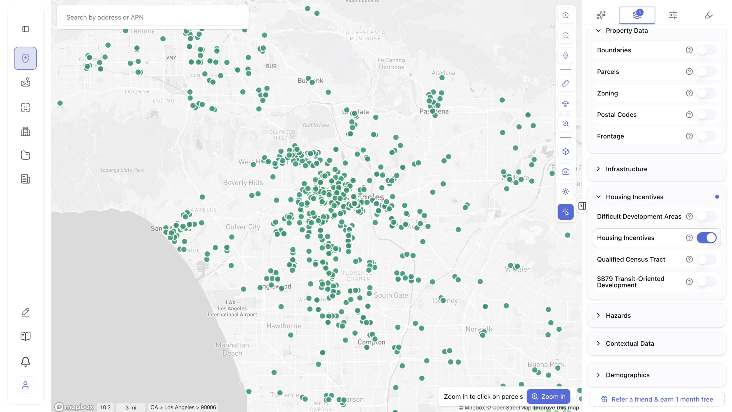 Map of Los Angeles County showing Housing Incentives eligible parcels marked as green dots scattered across neighborhoods including Downtown LA, West Hollywood, Beverly Hills, Culver City, Inglewood, and Compton, with the Housing Incentives layer toggled on in the map layers panel under the Housing Incentives section.