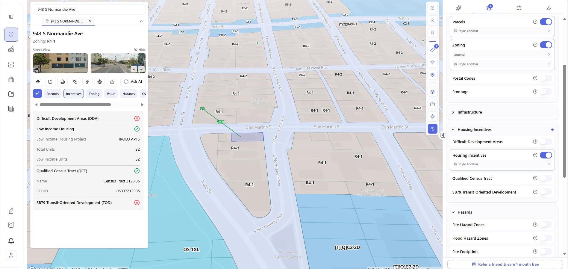 Archiwise incentives tab showing Qualified Census Tract eligibility and nearby Low Income Housing Tax Credit project IROLO APTS for 943 S Normandie Ave in Los Angeles