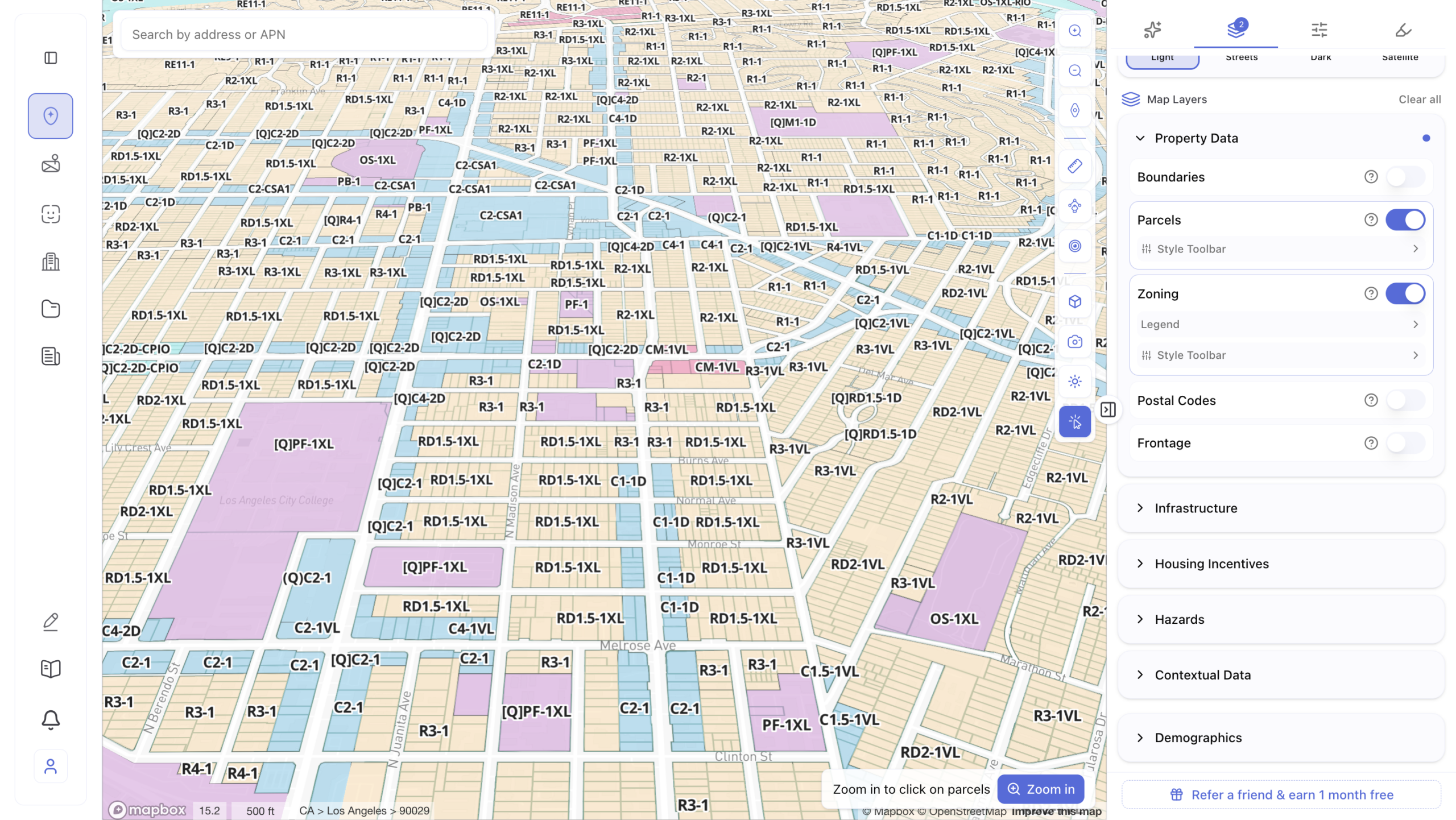 Color-coded zoning parcel map of Los Angeles zip code 90029 near Los Angeles City College displaying zoning designations including R1-1, RD1.5-1XL, R3-1, C2-1, RD2-1XL, CM-1VL, and qualified overlay codes such as QC2-2D-CPIO and QRD1.5-1D, with Parcels and Zoning layers enabled in the map layers panel alongside Infrastructure, Housing Incentives, Hazards, Contextual Data, and Demographics sections.