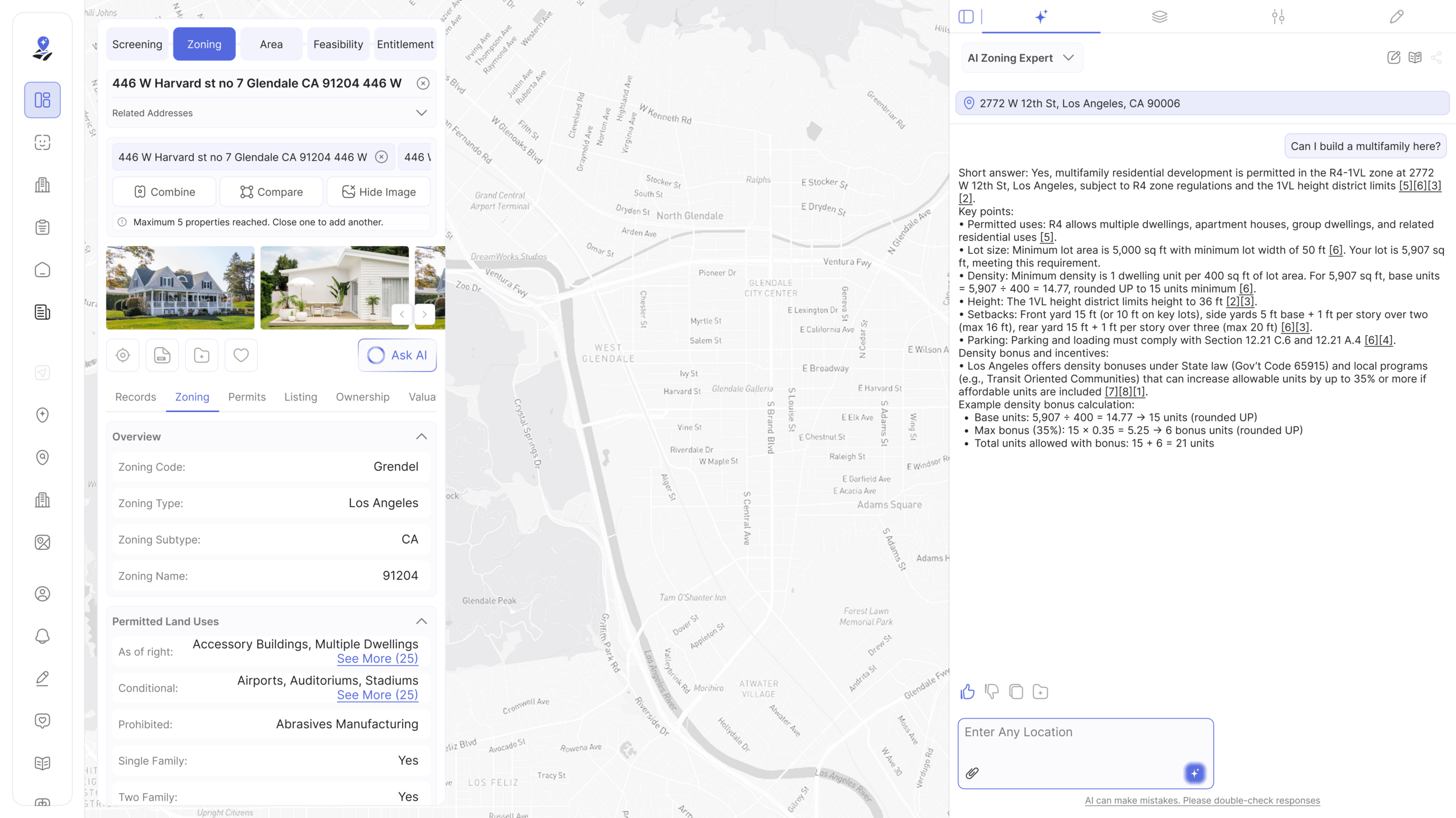 Archiwise AI Zoning Expert answering multifamily development question for 2772 W 12th St Los Angeles with cited planning documents.