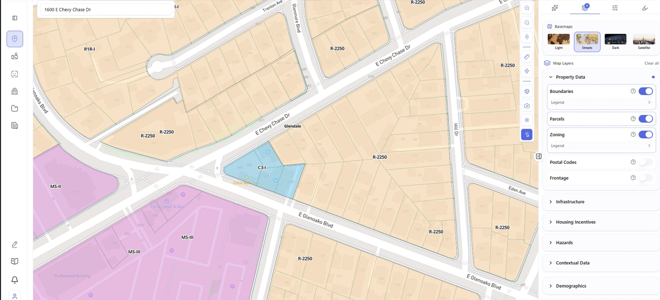 Archiwise zoning map showing a single C3-I commercial parcel surrounded by R-2250 residential and MS mixed-use zones, illustrating how zone boundaries are instantly visible on the Archiwise map