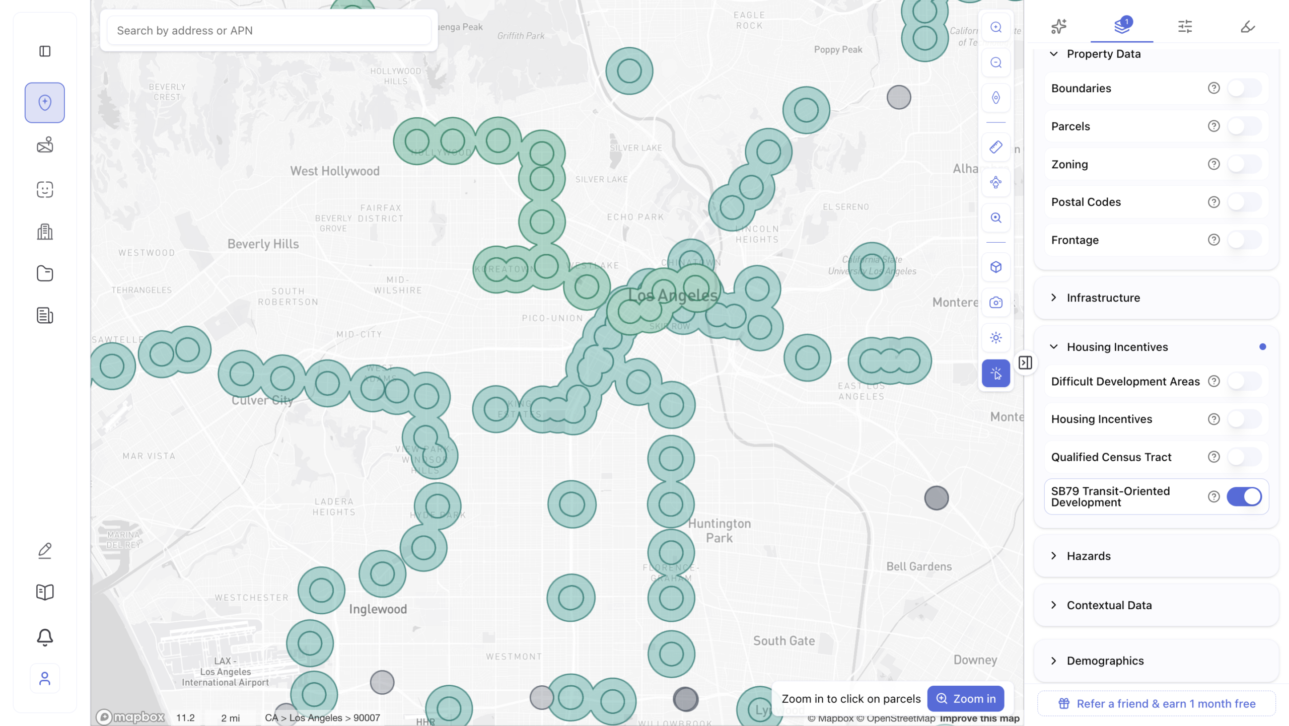 Map of Los Angeles showing SB 79 Transit-Oriented Development eligible parcels marked as green clustered circle icons along major transit corridors, with a map layers panel displaying the SB79 Transit-Oriented Development toggle enabled under Housing Incentives, covering areas including West Hollywood, Beverly Hills, Culver City, Inglewood, and Downtown Los Angeles.