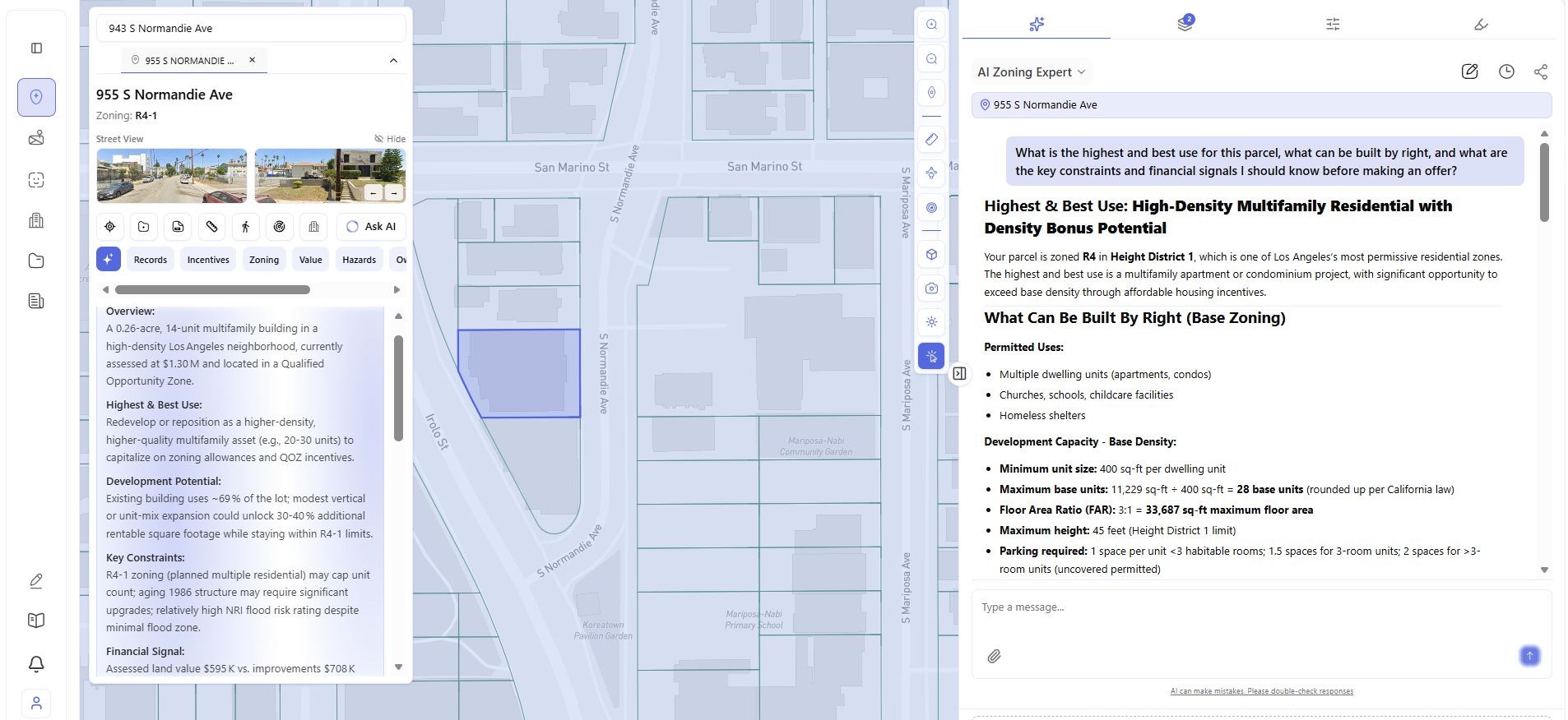 Archiwise Summary tab showing highest and best use, development potential, key constraints, and financial signal alongside AI Zoning Expert answer for a multifamily parcel in Los Angeles