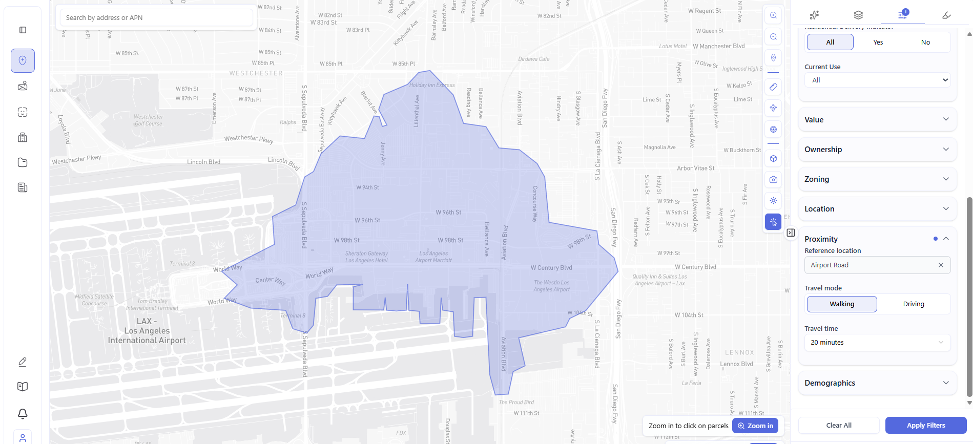 Archiwise isochrone map showing 20-minute walking catchment area from Airport Road in Los Angeles for real estate site selection
