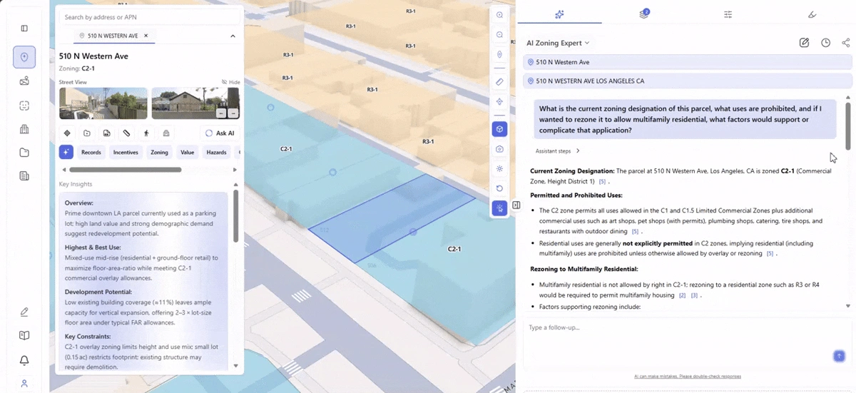  Archiwise AI Zoning Expert answering a rezoning feasibility question for a C2-1 parcel in Los Angeles, showing current zoning designation, prohibited uses, and factors supporting or complicating a rezoning to multifamily residential
