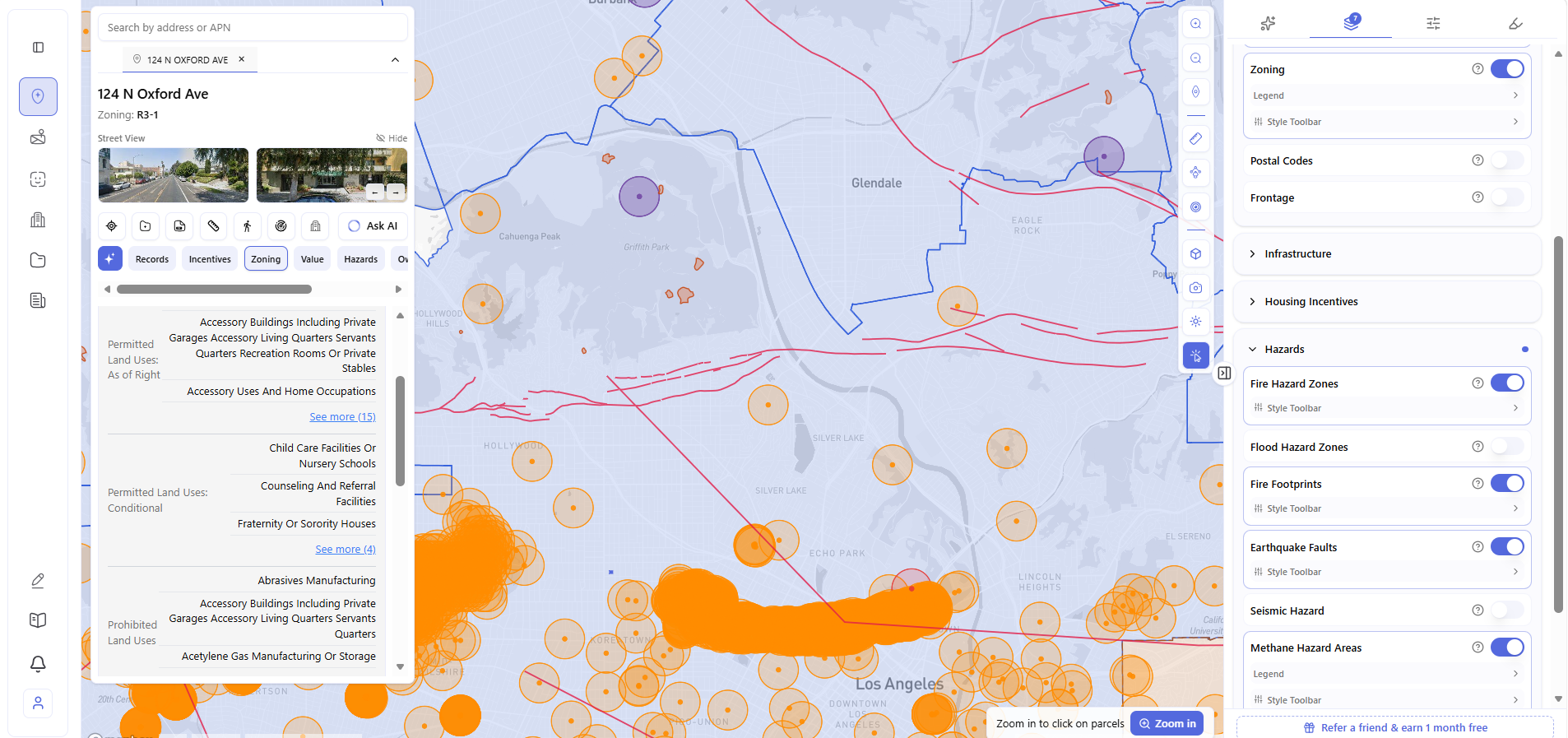 Archiwise zoning tab showing permitted and prohibited land uses alongside active hazard layers including fire zones, earthquake faults, and methane hazard areas for a Los Angeles parcel