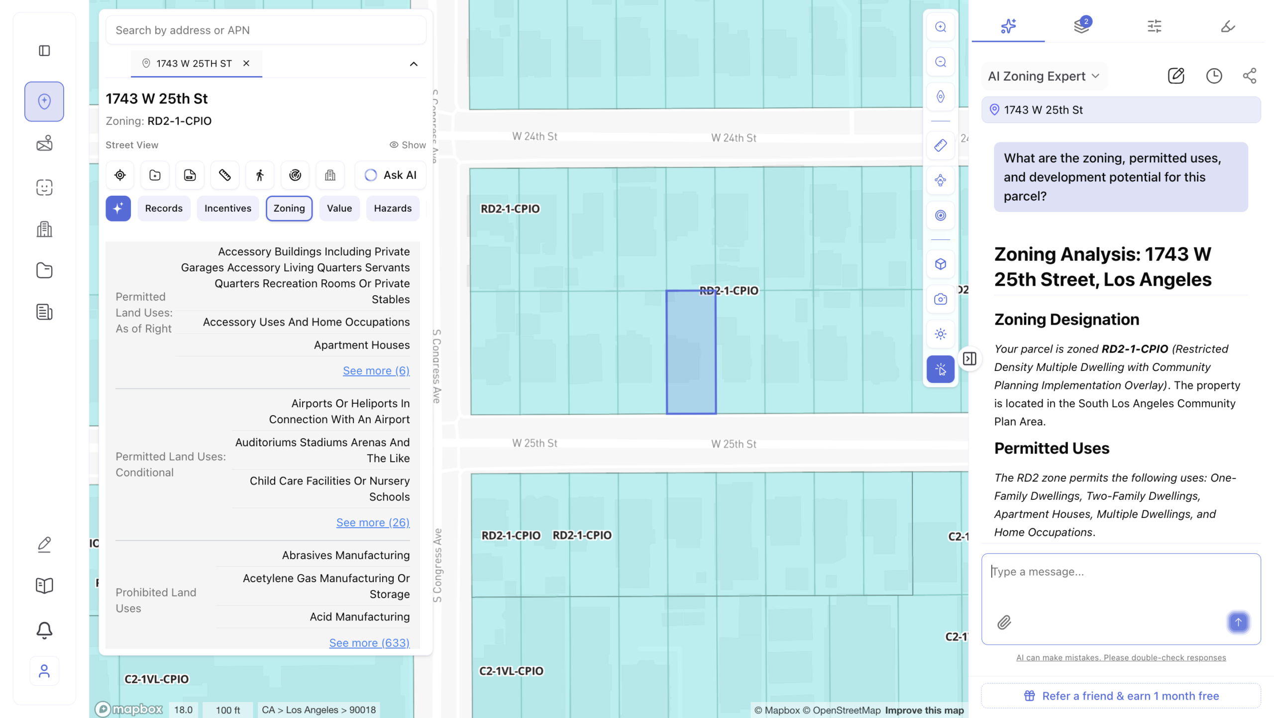 Screenshot of an AI Zoning Expert analysis for 1743 W 25th Street, Los Angeles, zoned RD2-1-CPIO (Restricted Density Multiple Dwelling with Community Planning Implementation Overlay), showing permitted land uses including apartment houses and multiple dwellings, conditional uses including child care facilities and auditoriums, prohibited land uses, and a parcel map view of the South Los Angeles Community Plan Area.