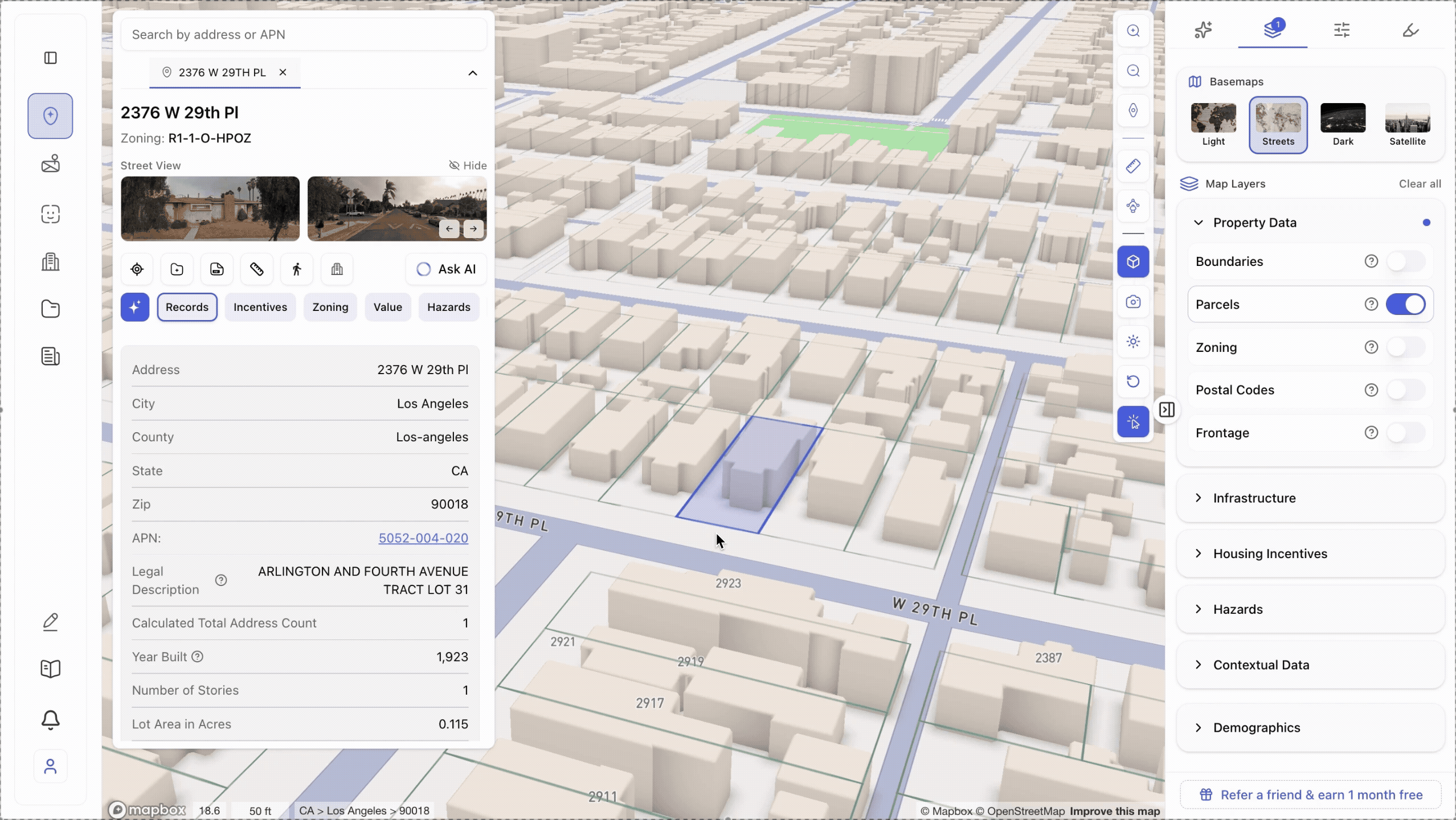 Animated GIF demonstrating the Zoning tab in a property intelligence platform, showing a user navigating zoning details for a Los Angeles parcel including zoning designation, permitted land uses, conditional uses, prohibited uses, development standards, and overlay districts, with an interactive map displaying color-coded zoning parcels.
