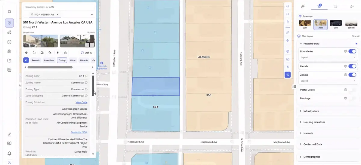 Archiwise zoning tab showing permitted, conditional, and prohibited land uses with FAR, setbacks, and development standards for a C2-1 commercial parcel in Los Angeles