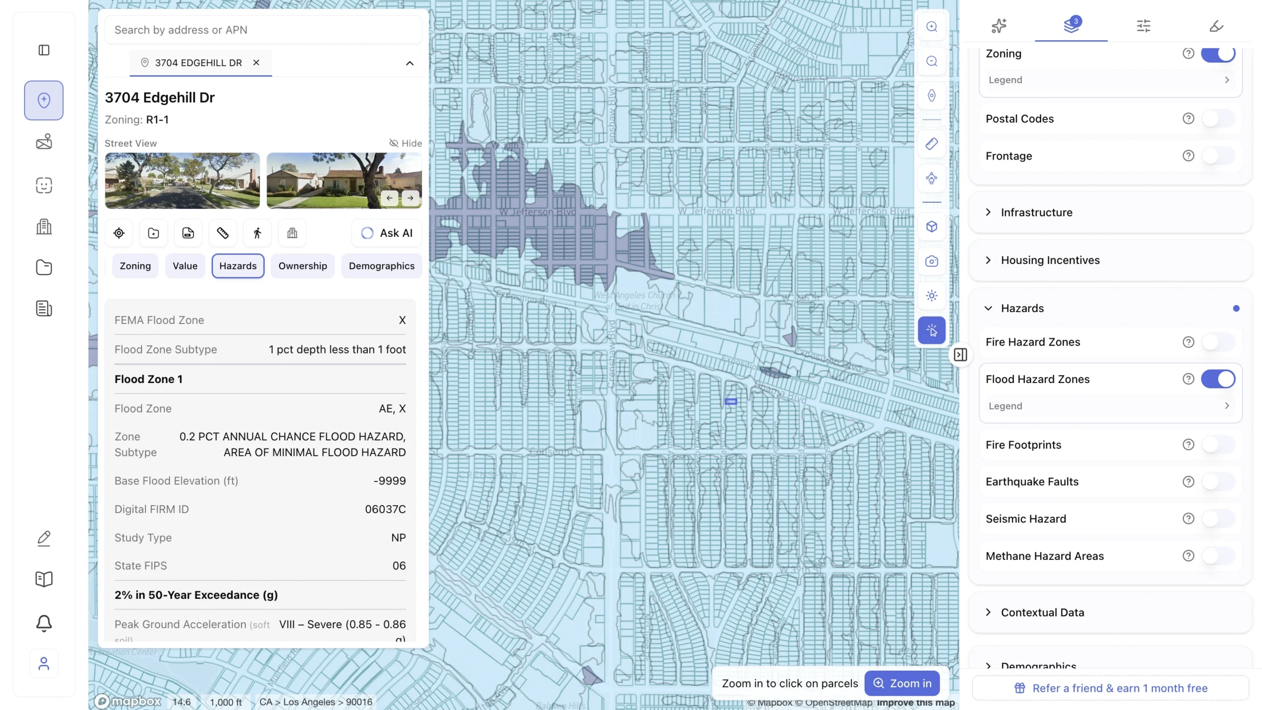 Screenshot of a FEMA flood hazard zone map for 3704 Edgehill Dr, Los Angeles, CA, displaying Flood Zone AE and X with 0.2 percent annual chance flood hazard overlay, seismic peak ground acceleration rated VIII Severe, and a map layers panel showing flood hazard zones enabled alongside fire hazard, earthquake faults, seismic hazard, and methane hazard area toggles.
