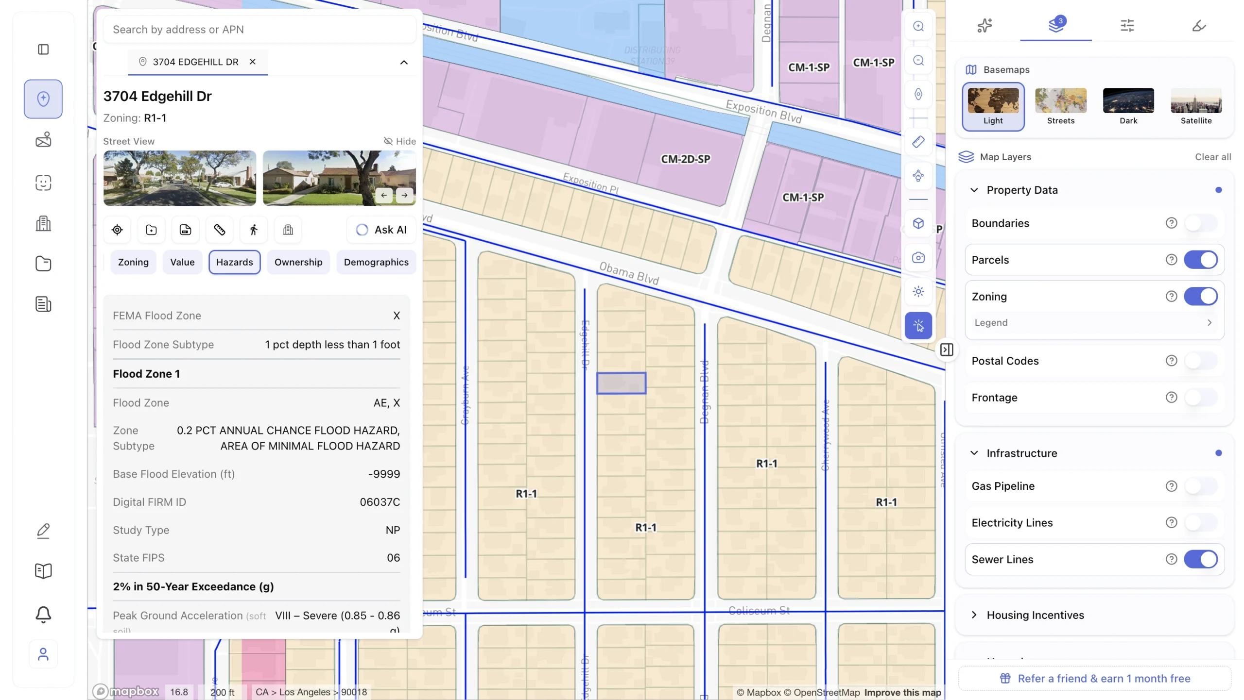 Screenshot of a property hazards and infrastructure map for 3704 Edgehill Dr, Los Angeles, CA, showing FEMA Flood Zone AE and X designations, 0.2 percent annual chance flood hazard data, seismic peak ground acceleration rated VIII Severe, and map layers panel with sewer lines enabled on a zoning parcel basemap.