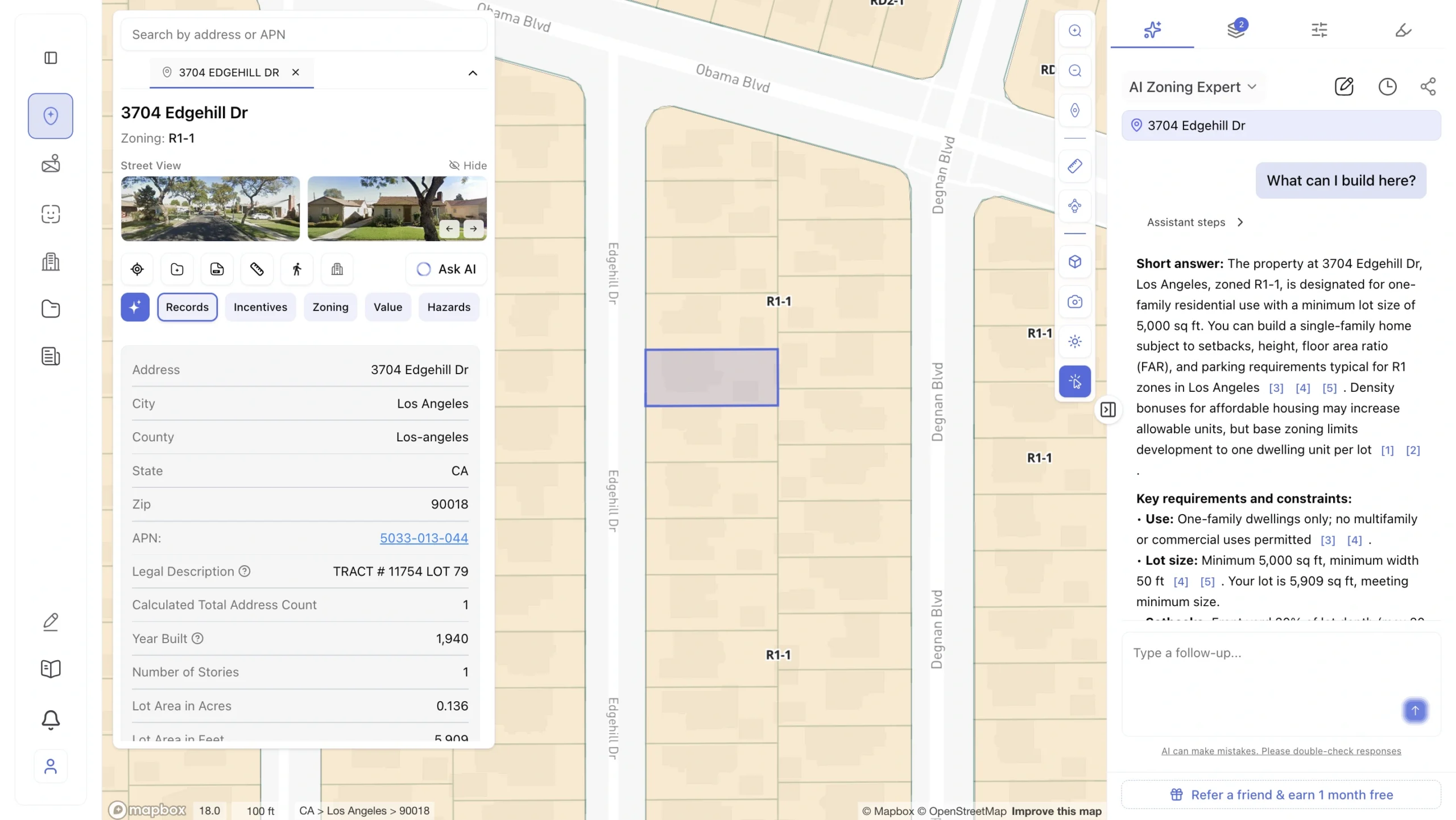 Screenshot of a site screening tool showing property details for 3704 Edgehill Dr, Los Angeles, CA 90018, zoned R1-1 for single-family residential use, with an AI Zoning Expert panel displaying buildable use analysis, lot size of 5,909 sq ft, and a parcel map view on Mapbox.