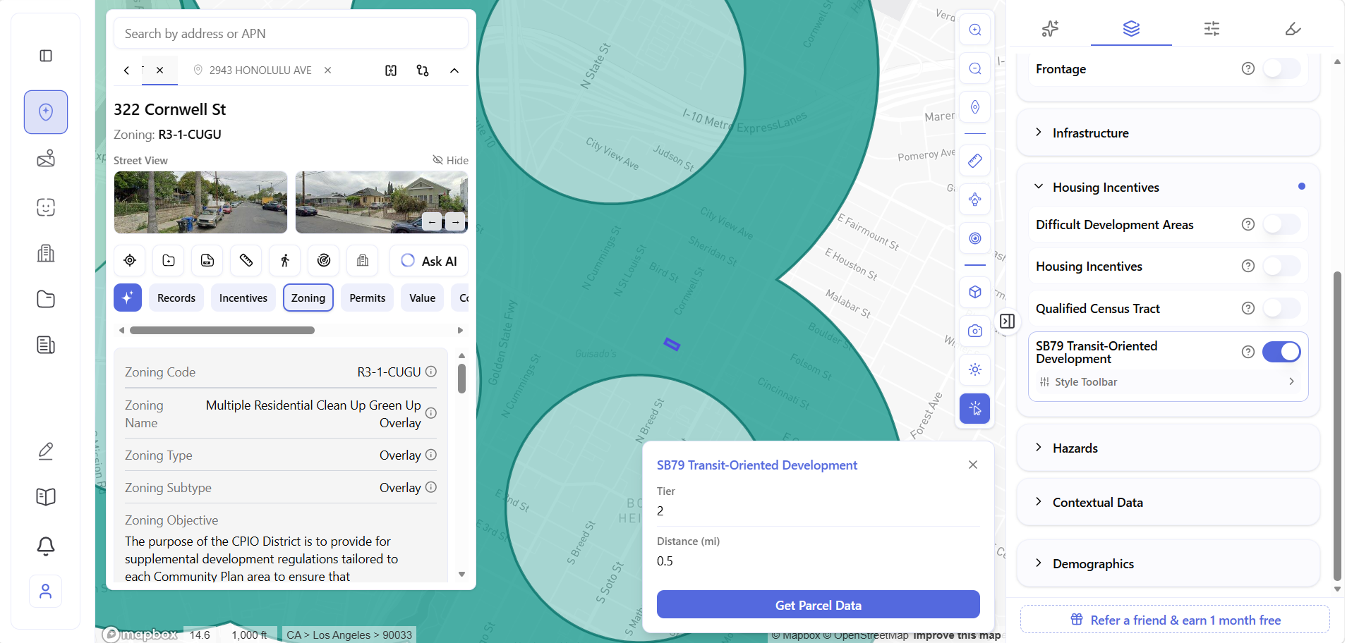 322 Cornwell popup + rings Archiwise parcel panel for 322 Cornwell St showing R3-1-CUGU zoning with SB79 Tier 2 popup and proximity rings visible in Boyle Heights.
