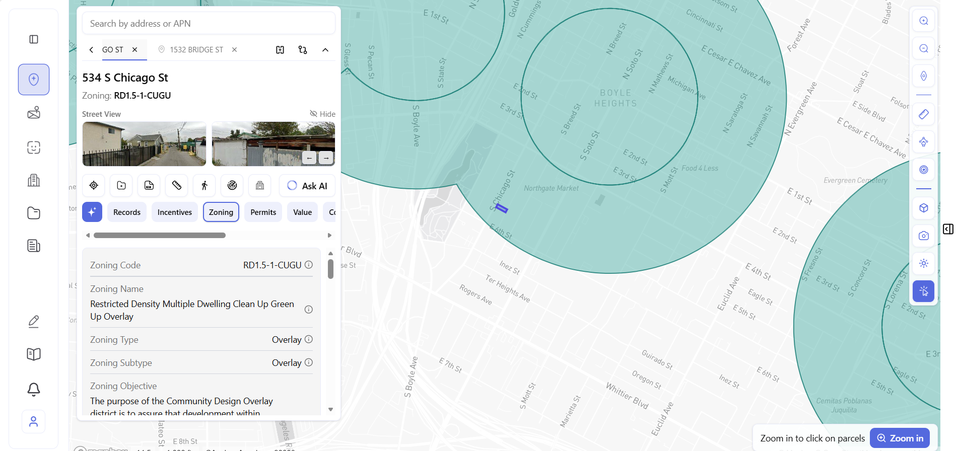  534 S Chicago parcel Archiwise parcel panel for 534 S Chicago St showing RD1.5-1-CUGU zoning with SB79 proximity rings visible on map.