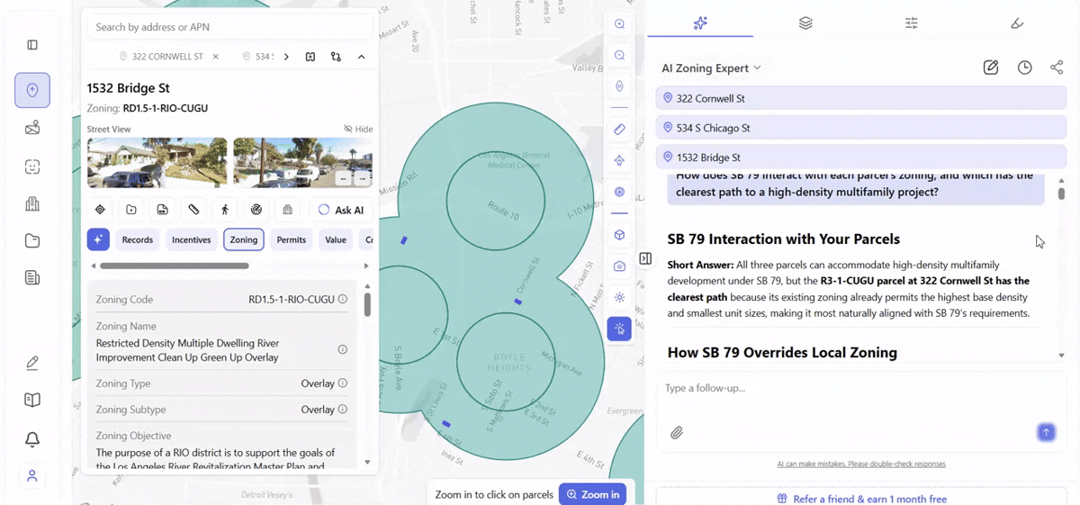 AI Zoning Expert Archiwise AI Zoning Expert answering which of three SB79-eligible parcels has the clearest path to high-density multifamily development.