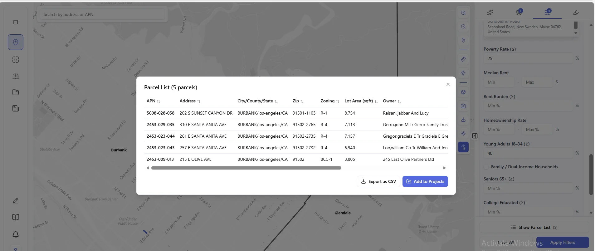 Archiwise parcel list view showing filtered results table with APN, address, zoning, lot area, owner, and Export as CSV button