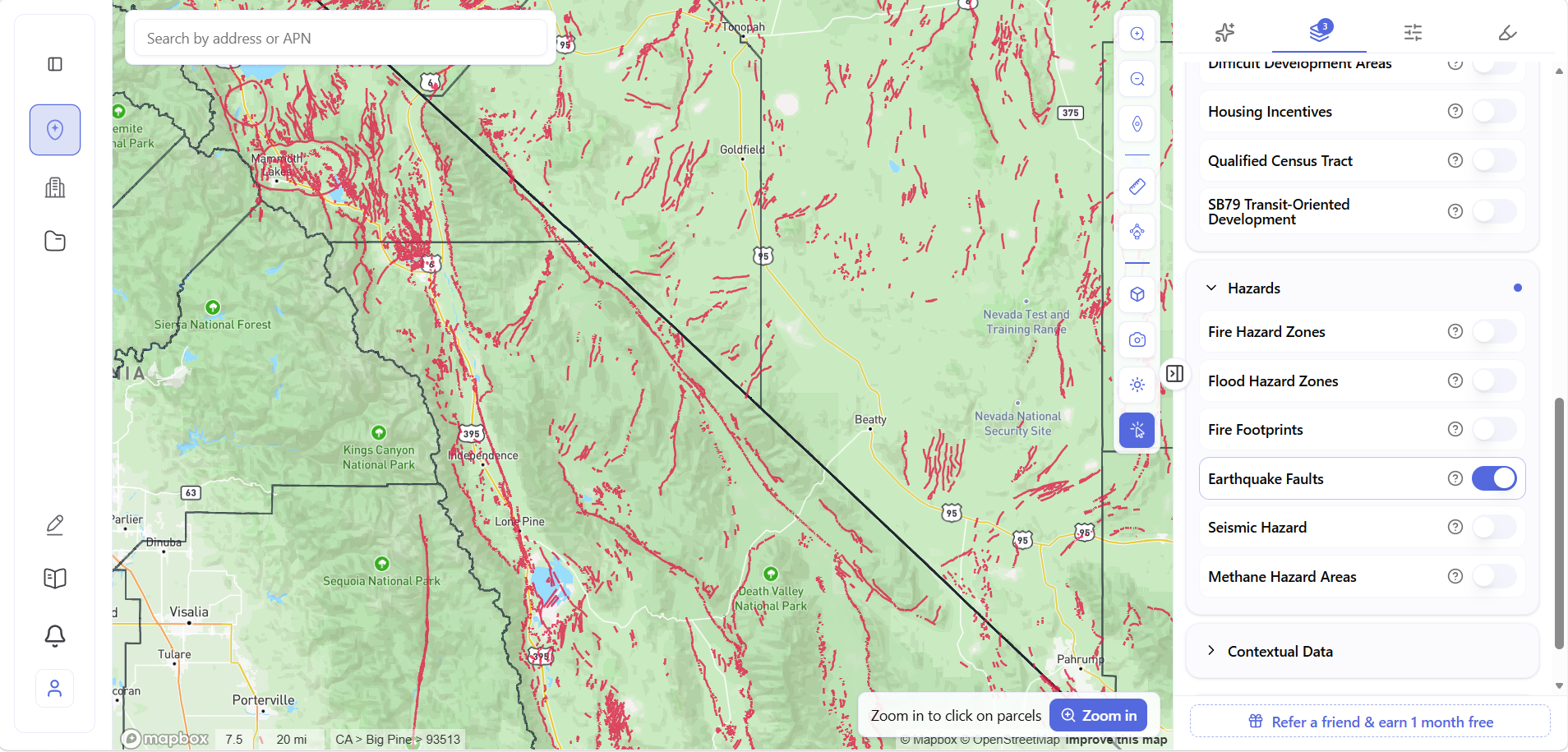 Archiwise earthquake faults map layer showing fault lines across California and Nevada with Hazards panel open.