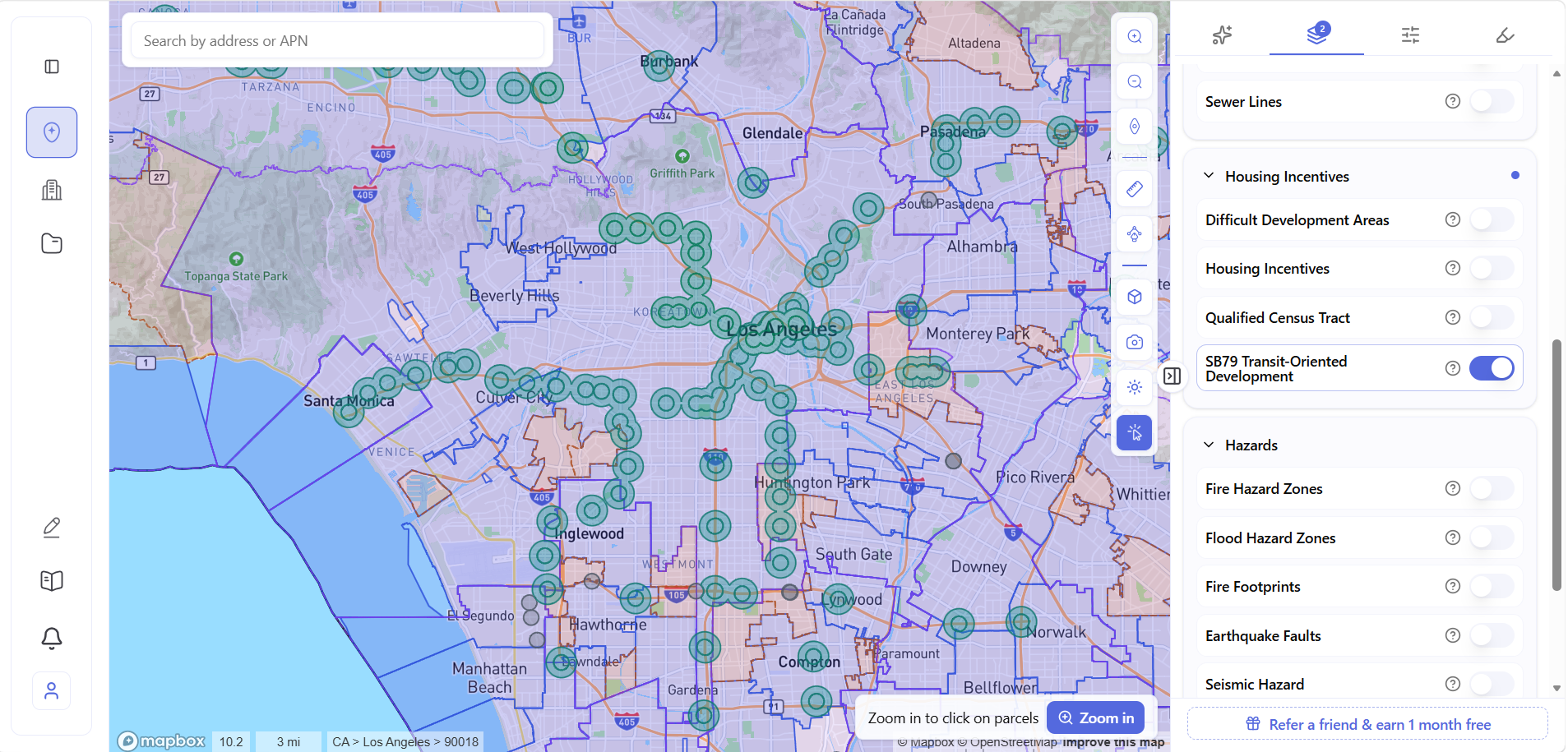 Archiwise SB79 Transit-Oriented Development layer active over Los Angeles showing eligible zones with Housing Incentives panel open.