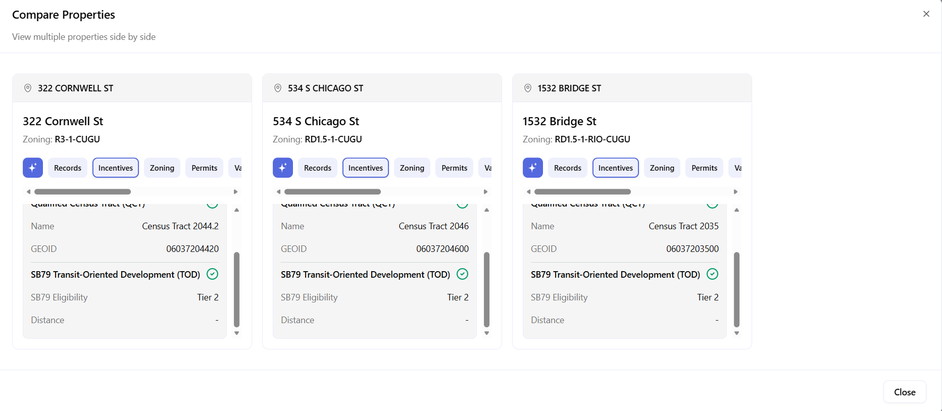 Compare Incentives Archiwise Compare Properties incentives tab confirming SB79 Tier 2 eligibility and Qualified Census Tract status for all three parcels.