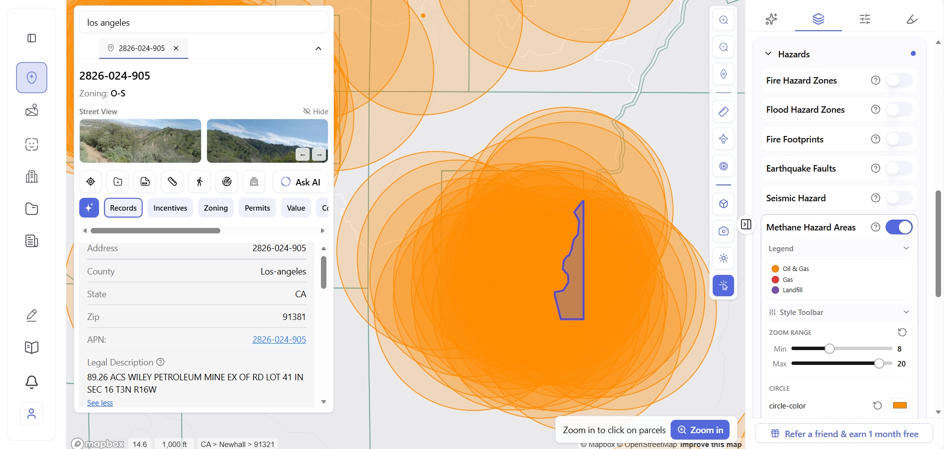 Parcel panel open Archiwise parcel panel open for APN 2826-024-905 zoning O-S in Newhall CA showing Records tab with parcel surrounded by overlapping methane buffer circles.