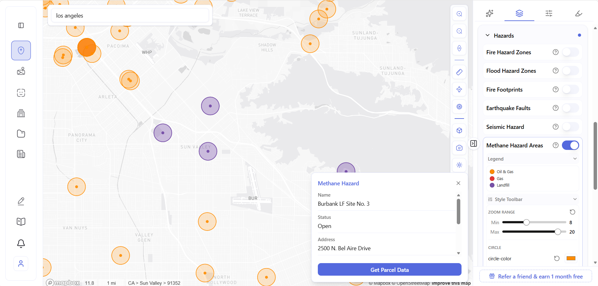 Burbank landfill Archiwise Methane Hazard popup showing Burbank LF Site No. 3 open active landfill at 2500 N. Bel Aire Drive with purple landfill circle visible on map.