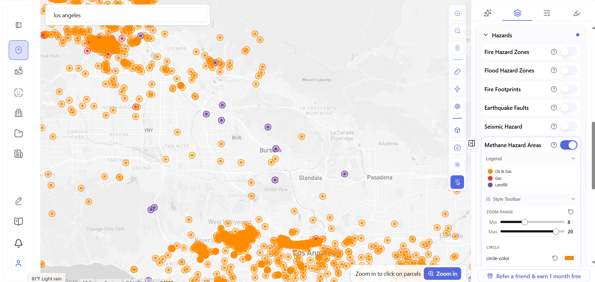  Wide LA view Archiwise Methane Hazard Areas layer active over Los Angeles showing oil and gas, gas well, and landfill circles across the LA Basin with Hazards panel open.