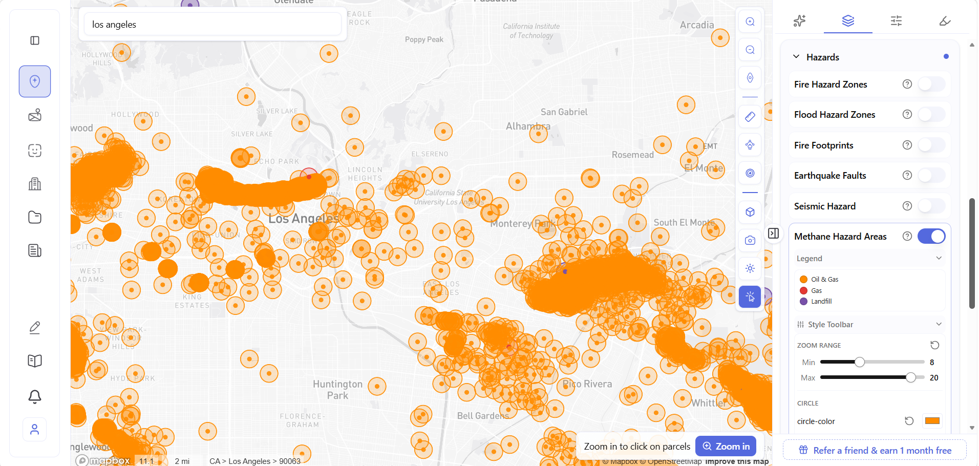 Mid-zoom central LA Archiwise methane layer mid-zoom over central Los Angeles showing dense orange emission source clusters across Echo Park and Silver Lake corridors.