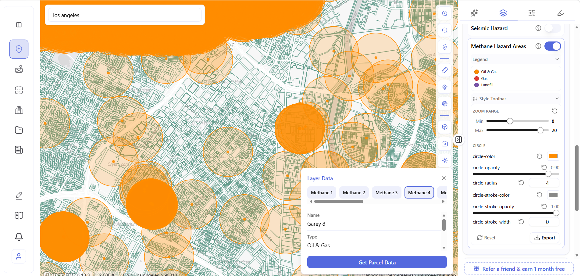 Downtown LA overlapping sources Archiwise methane layer over downtown Los Angeles with Layer Data popup showing four overlapping sources including Garey 8 oil and gas well.