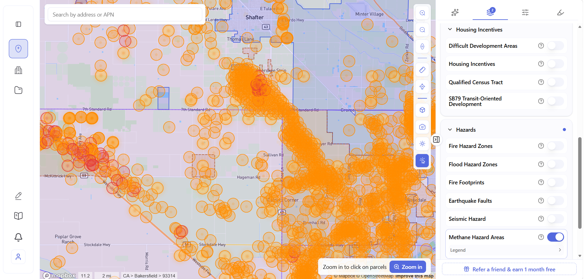 Bakersfield, CA area map with orange and red circular overlays marking methane hazard areas, alongside a right-side panel with toggleable map layers for Housing Incentives (Difficult Development Areas, Housing Incentives, Qualified Census Tract, SB79 Transit-Oriented Development) and Hazards (Fire Hazard Zones, Flood Hazard Zones, Fire Footprints, Earthquake Faults, Seismic Hazard, Methane Hazard Areas, with Methane Hazard Areas toggled on).