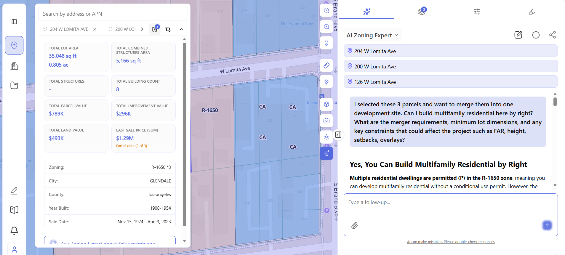 Archiwise multi-parcel assemblage view showing combined lot area and value for three Los Angeles parcels with AI Zoning Expert analysis.