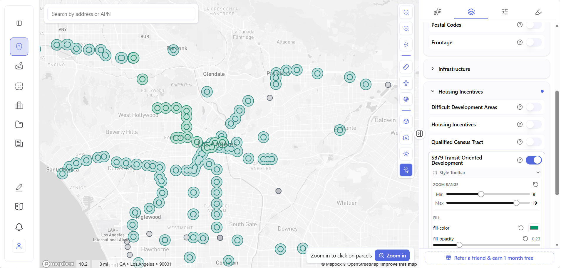 SB79 layer map Archiwise map showing SB79 Transit-Oriented Development layer active across Los Angeles transit corridors with Housing Incentives panel open.