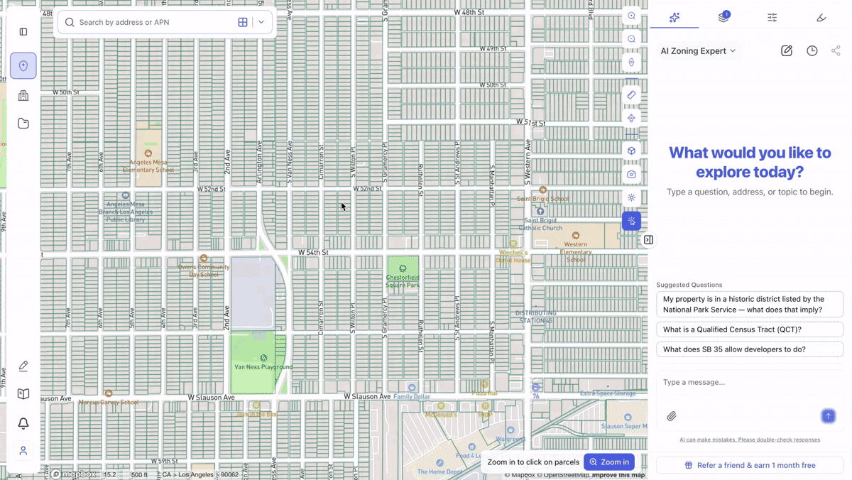 ArchiWise POI search highlighting nearby schools, parks, and points of interest on a property map