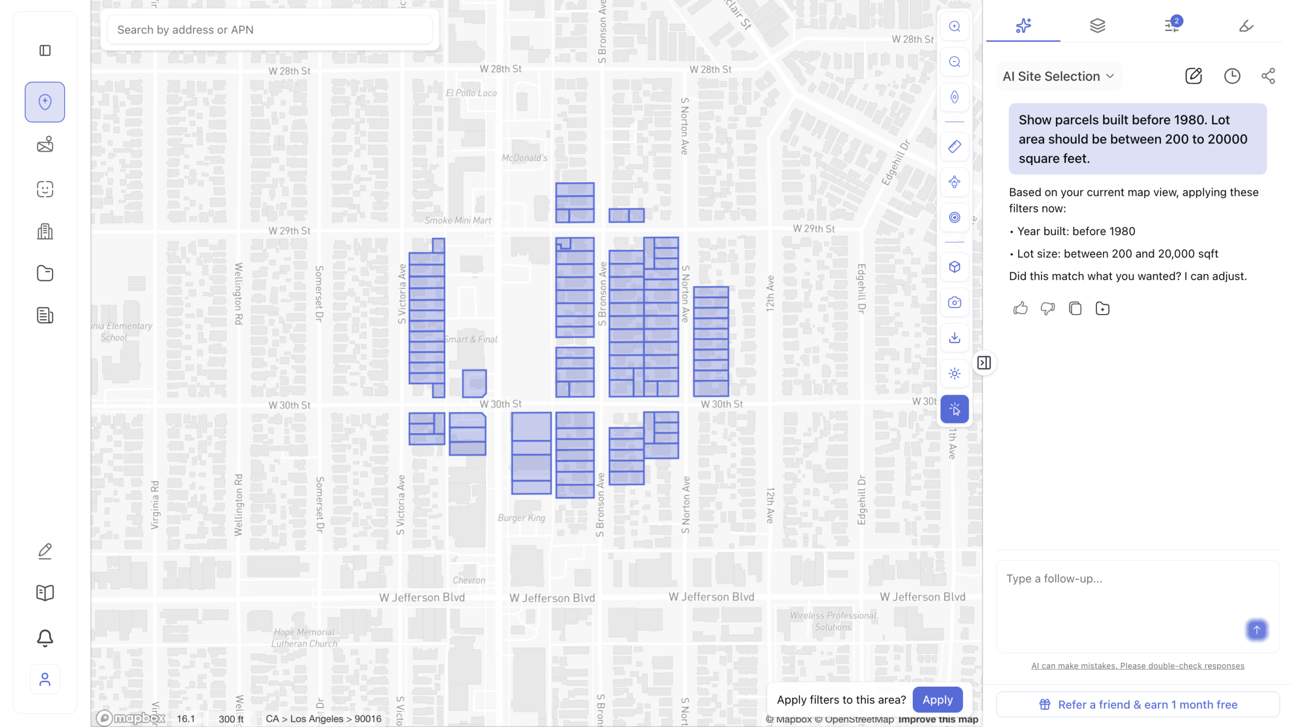 Screenshot of an AI Site Selection chat interface for Los Angeles zip code 90016 showing filtered parcels highlighted in blue based on a natural language query for properties built before 1980 with lot area between 200 and 20,000 square feet, with the AI confirming the applied filters of year built before 1980 and lot size between 200 and 20,000 sq ft, alongside an Apply button to confirm the search area.
