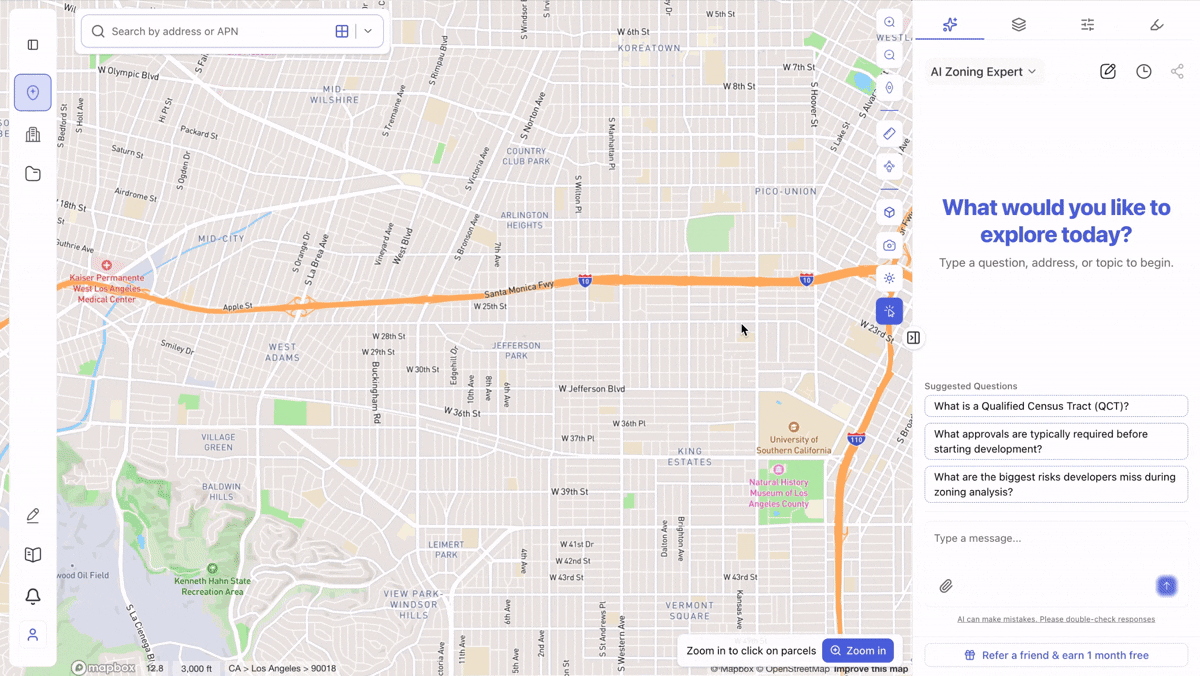 ArchiWise lot size filter toggle letting users switch between square feet and acres on the property map