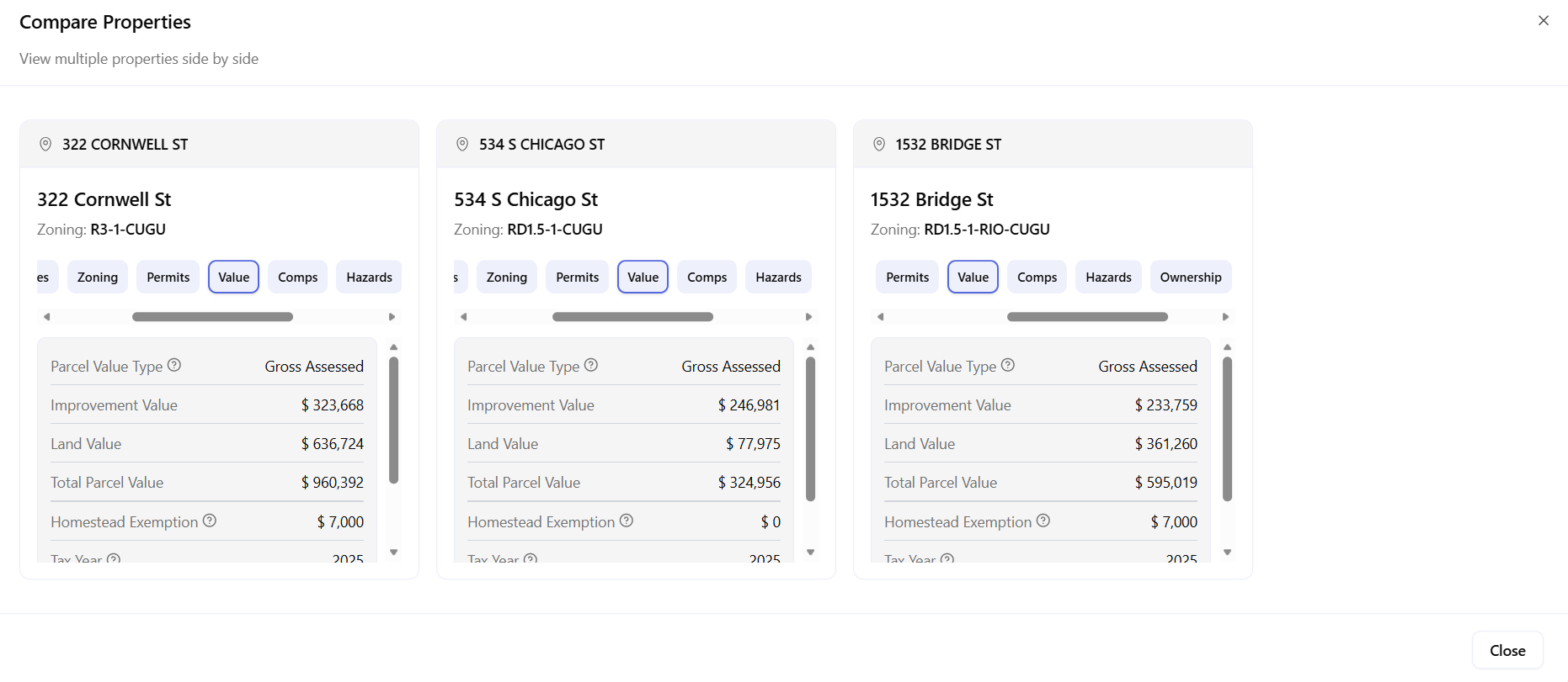 Compare Value Archiwise Compare Properties value tab showing assessed land value, improvement value, and total parcel value for three Boyle Heights parcels.