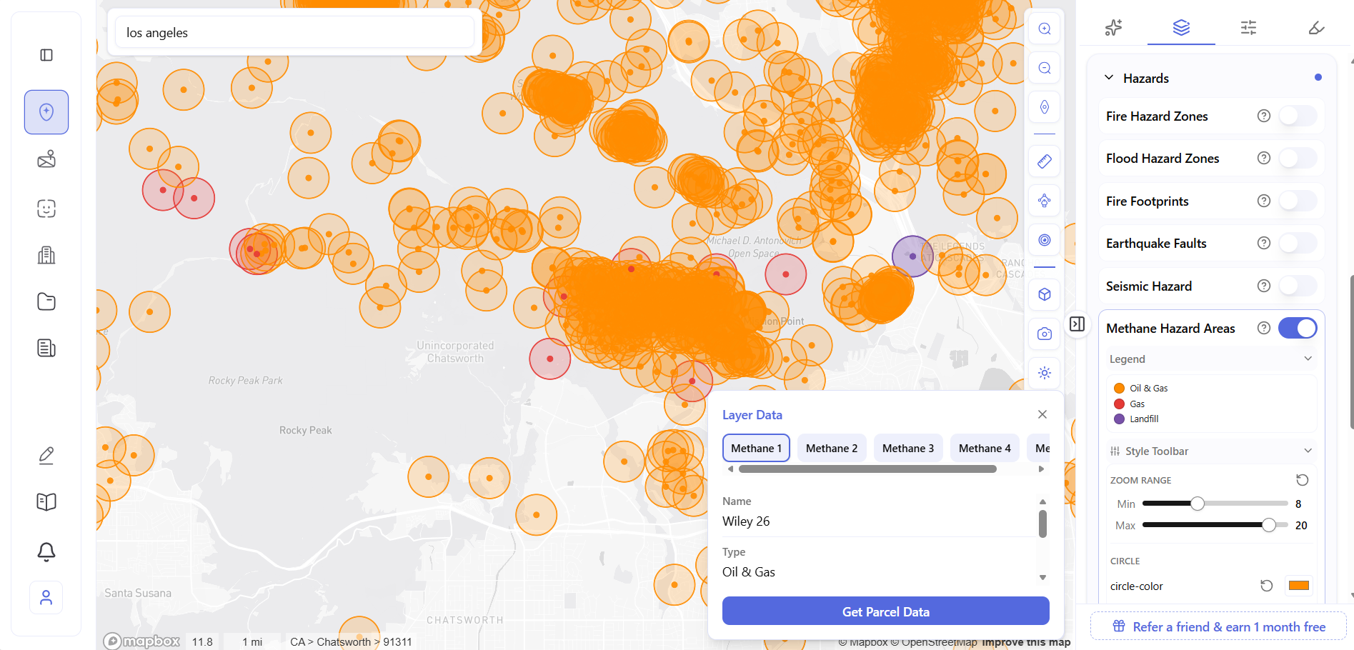  Wiley 26 popup Archiwise methane layer near Chatsworth showing Layer Data popup with four overlapping sources including Wiley 26 oil and gas well and Get Parcel Data button.